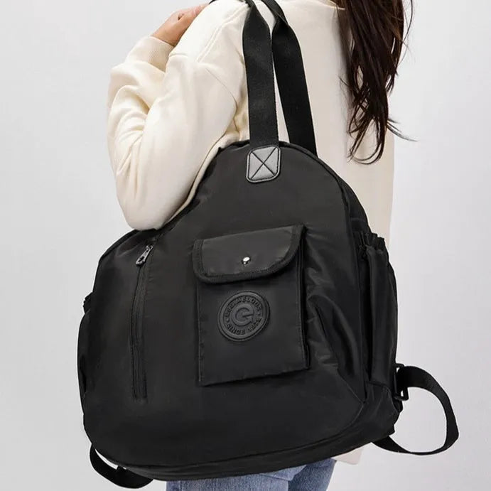 Large lightweight outdoor nylon backpack in black, khaki, or green with sandwich pockets, showing 48cm height.