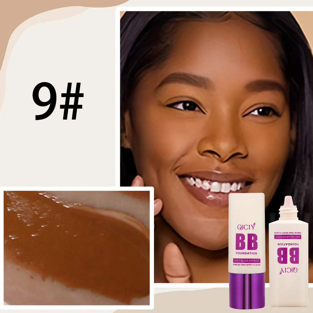 Squeezable plastic bottle of brightening BB cream liquid foundation in one of ten available shades.