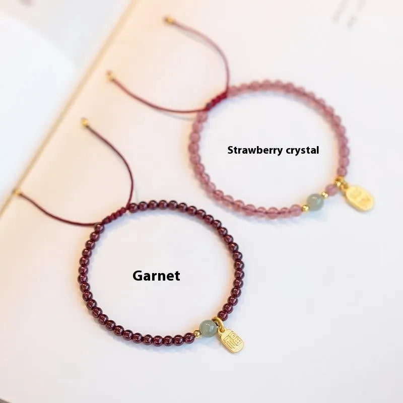 Hand-woven red rope women's bracelet with natural garnet or strawberry quartz crystal beads