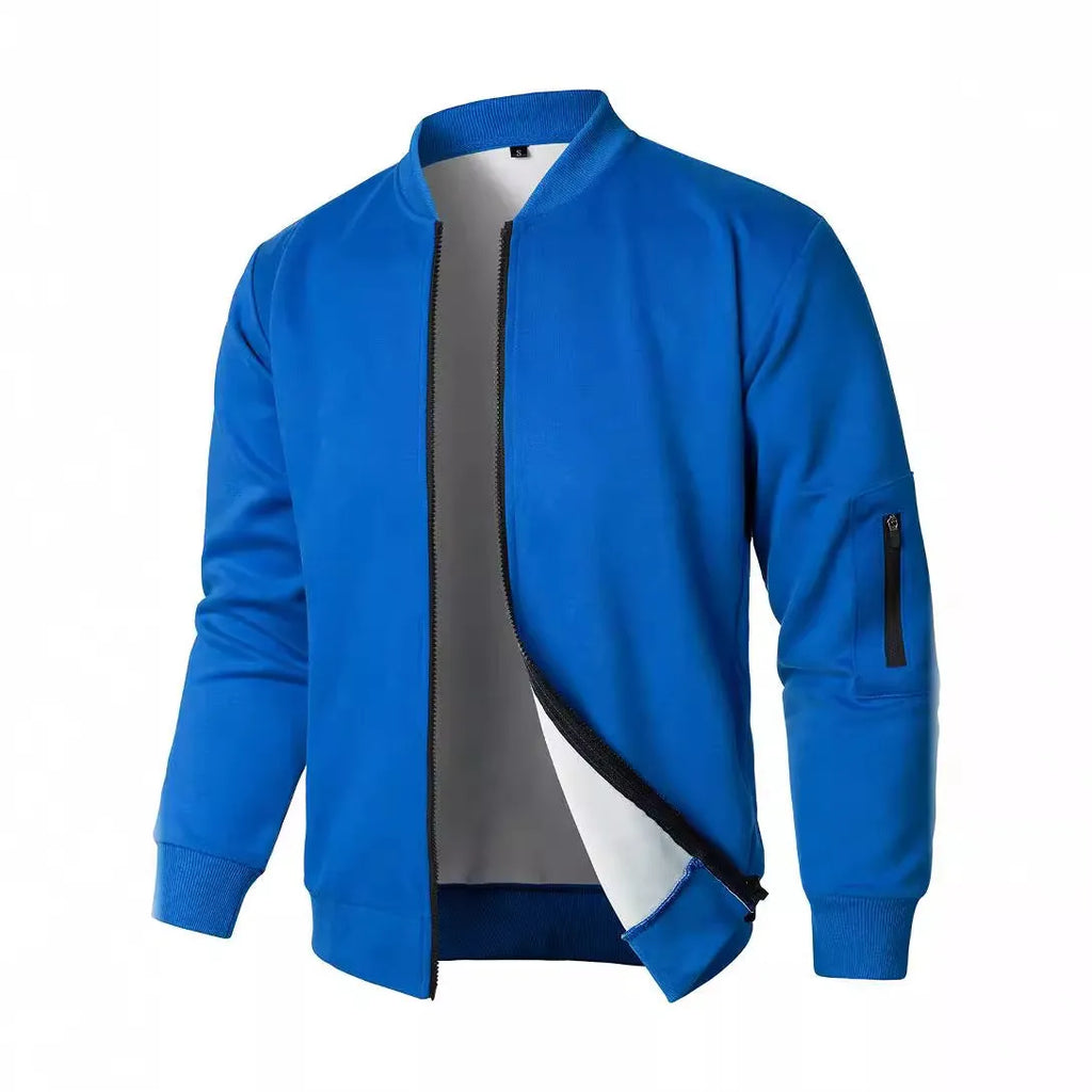 Men's loose fit cotton knitted jacket in black, blue, or grey with long sleeves