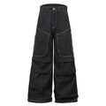 Black multi-pocket pleated workwear jeans in cotton denim with zip fly and mid waist design