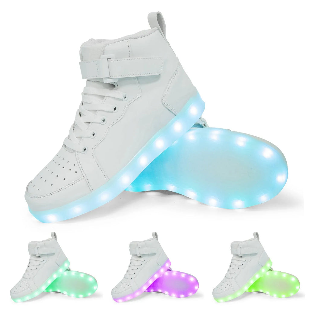 Black LED light-up high-top shoes with Velcro strap and glowing sole.