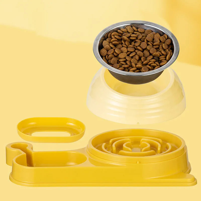 Brown cat food bowl with water dispenser bottle and elevated feeding station