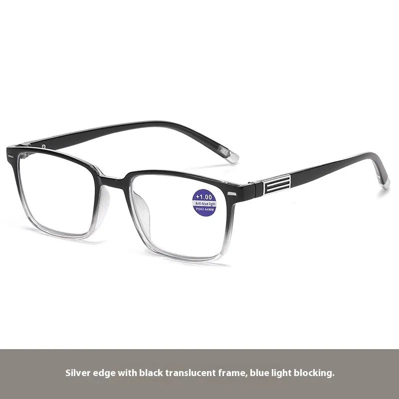 Multifocal reading glasses with photochromic lenses in a two-tone frame, showing blue light filtering and bifocal design.