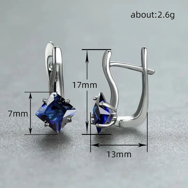 Women's copper earrings with diamond design and zircon inlays in blue, green, and colour options