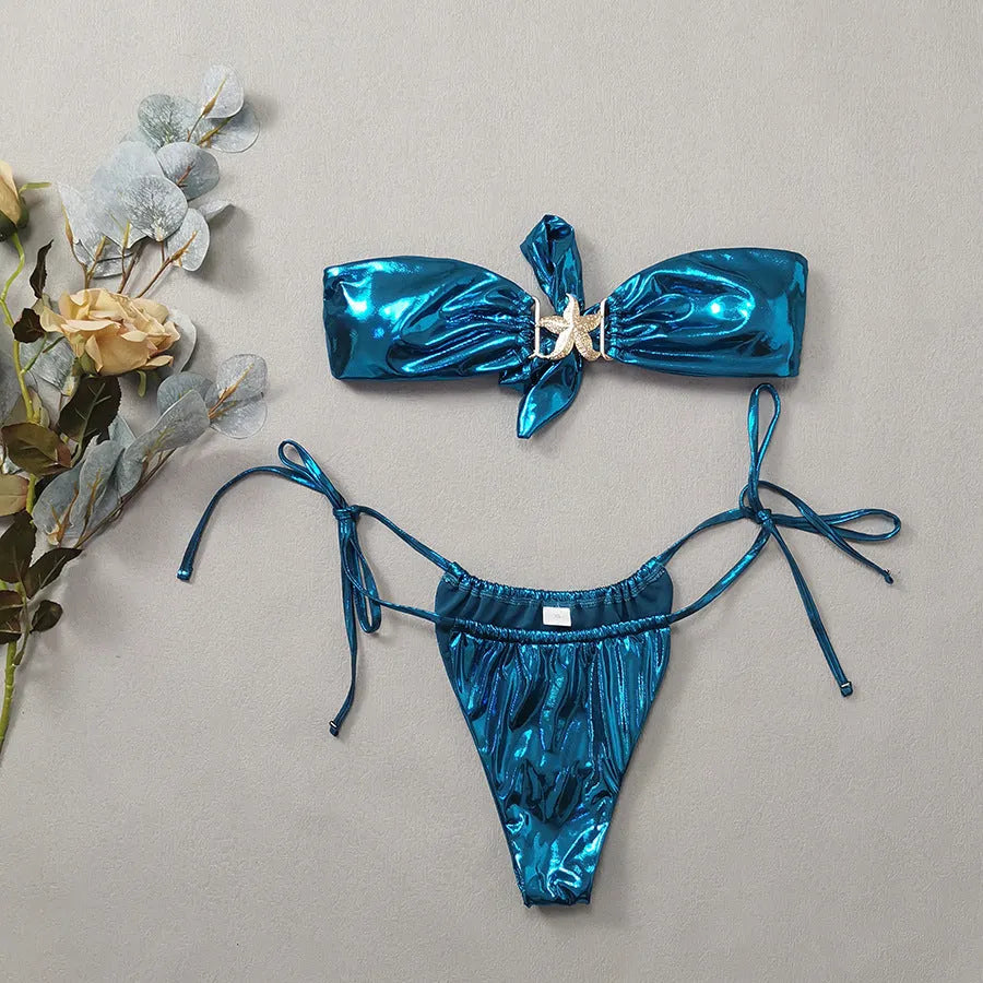 Women's glossy bikini set with gold starfish decoration in blue or pink colour