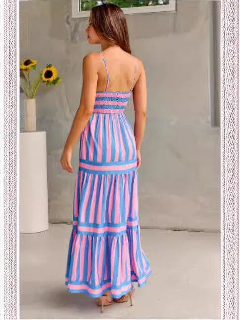 Women's striped backless summer dress with square neck, suspender straps, and side pockets.