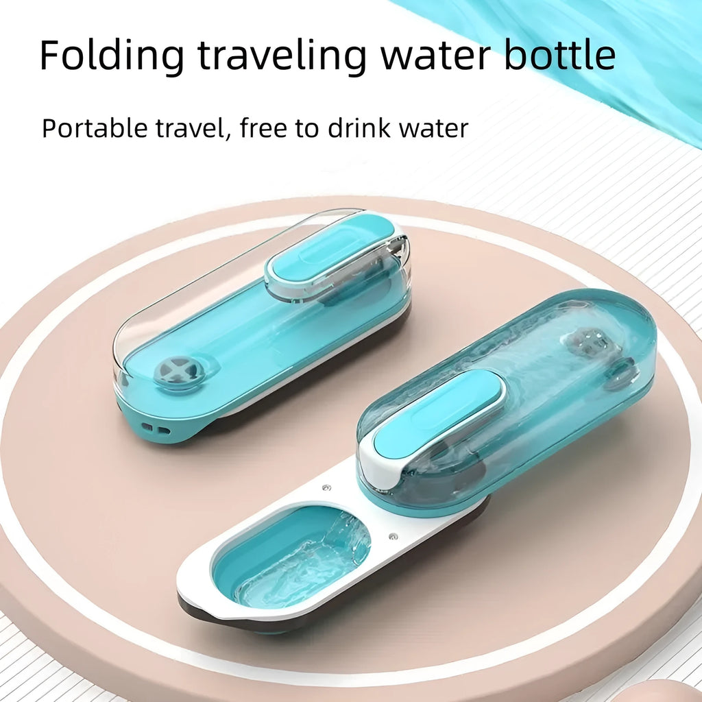 Portable plastic pet water bottle with fold-out drinking bowl in blue, grey, or pink colour.