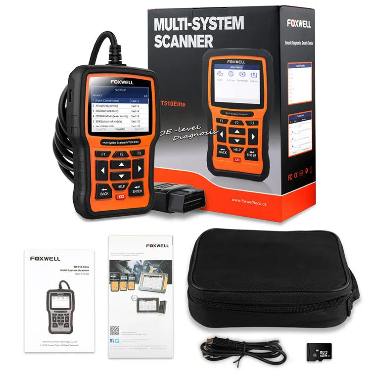 Orange and black Foxwell NT510 automotive diagnostic scanner with TFT screen and data cable for OBD2 vehicle fault detection.