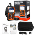 Orange and black Foxwell NT510 automotive diagnostic scanner with TFT screen and data cable for OBD2 vehicle fault detection.