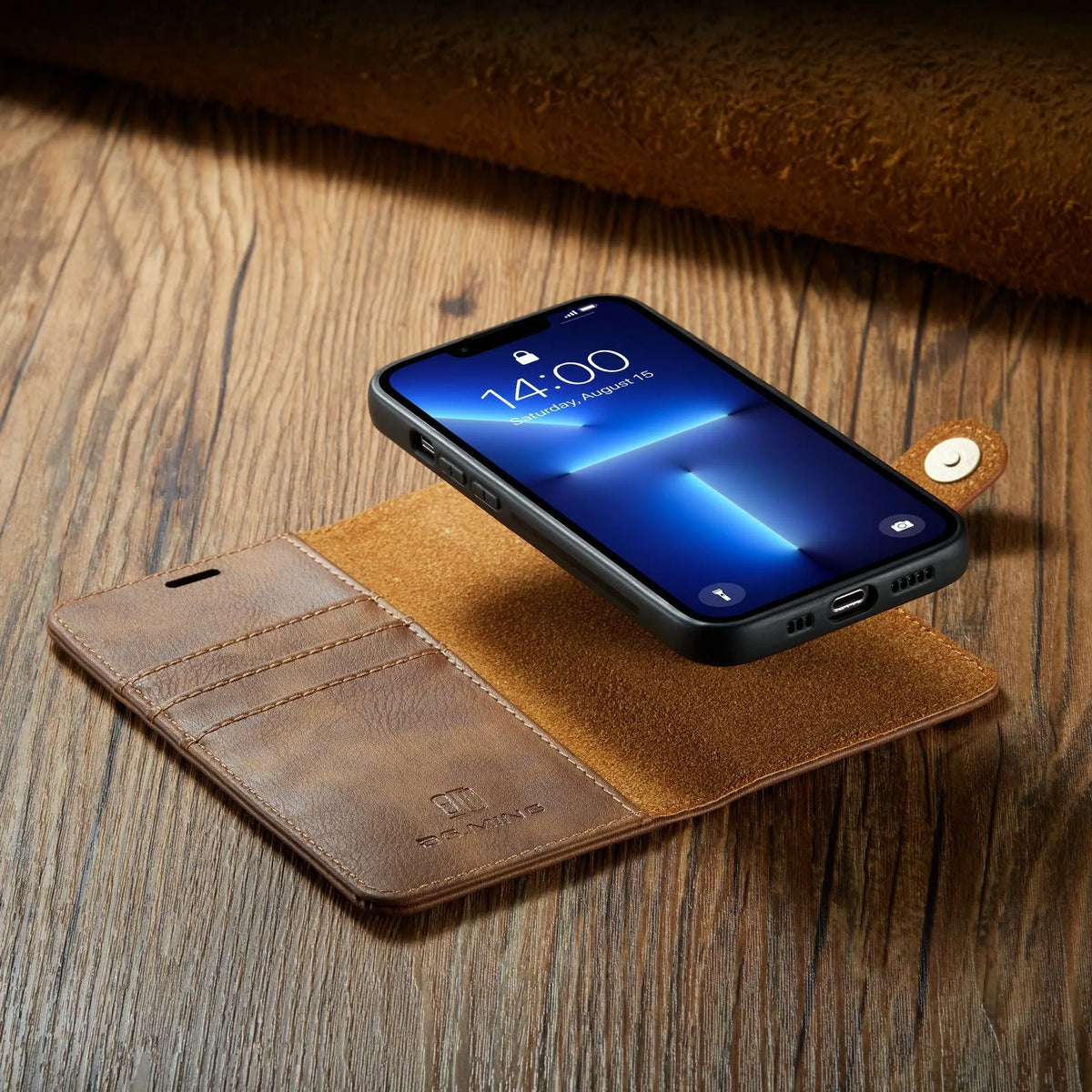 Split PU leather wallet iPhone case with card slots, detachable bottom shell, black brown grey red blue
