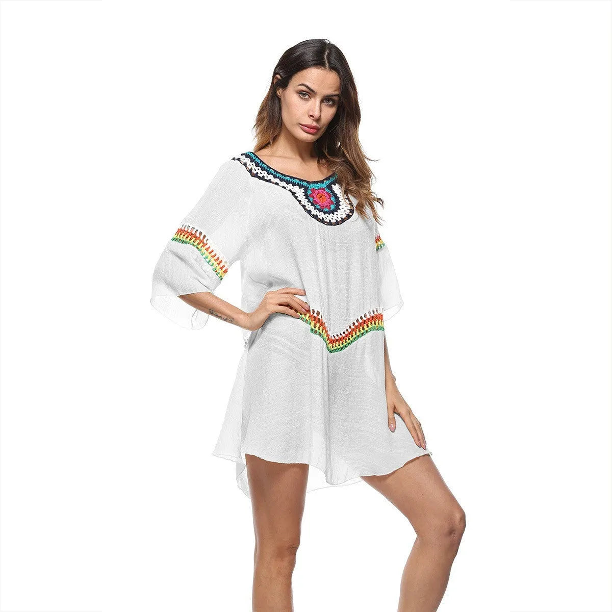 Women's crocheted ethnic style sun protection clothing in apricot, black, sapphire blue, and white for beach swimming