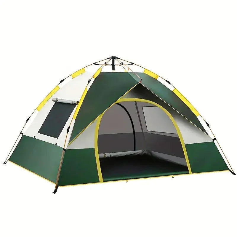 Dark green automatic quick-open camping tent for 3-4 people with glass fibre poles and storage bag