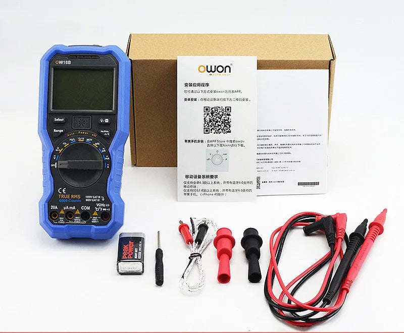 Handheld digital multimeter with display showing voltage reading, set of test probes, and optional Bluetooth dongle.
