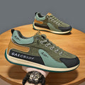 Men's green and grey mesh running shoes with round toe and lace-up closure