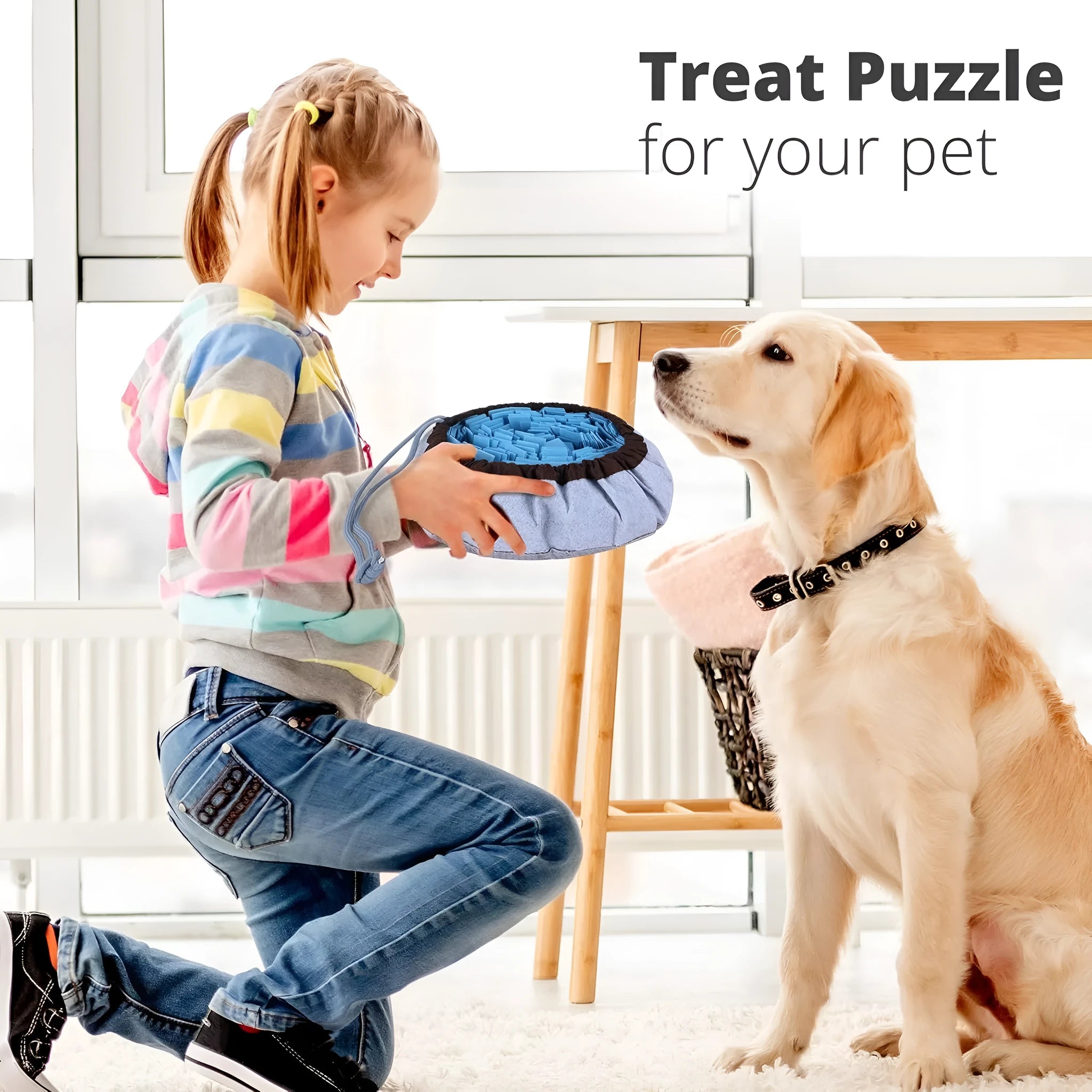 Blue adjustable fabric snuffle mat for dogs, showing food hidden in folds for foraging.