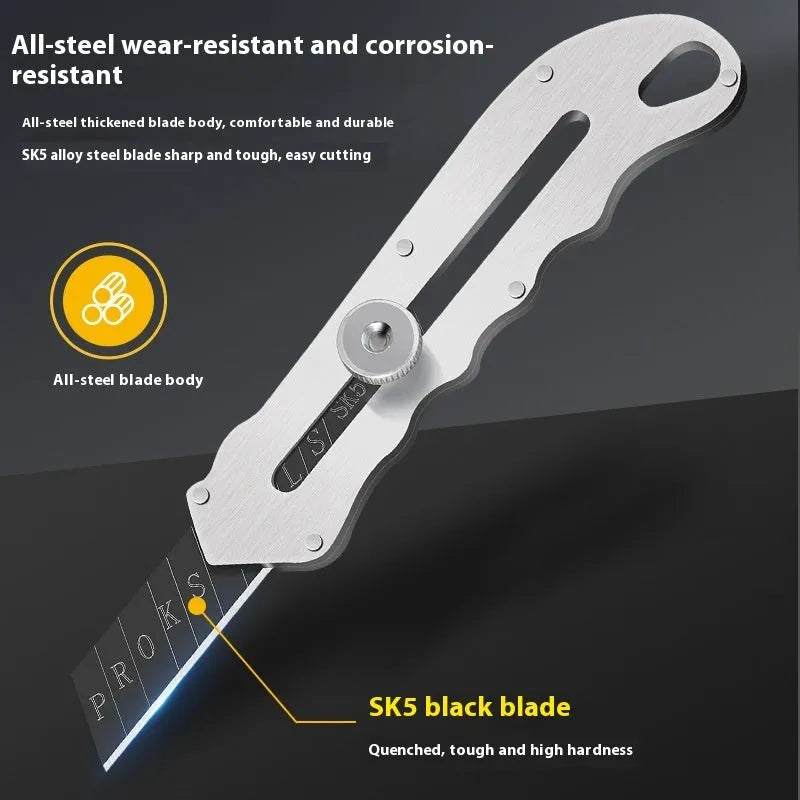 Stainless steel folding art knife with black blade and included long and trapezoidal blades
