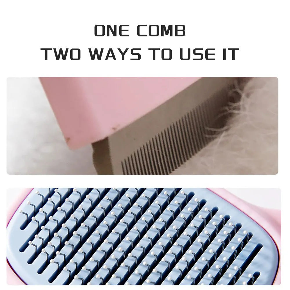 Blue double-sided pet grooming brush showing deshedding rake and dematting comb sides