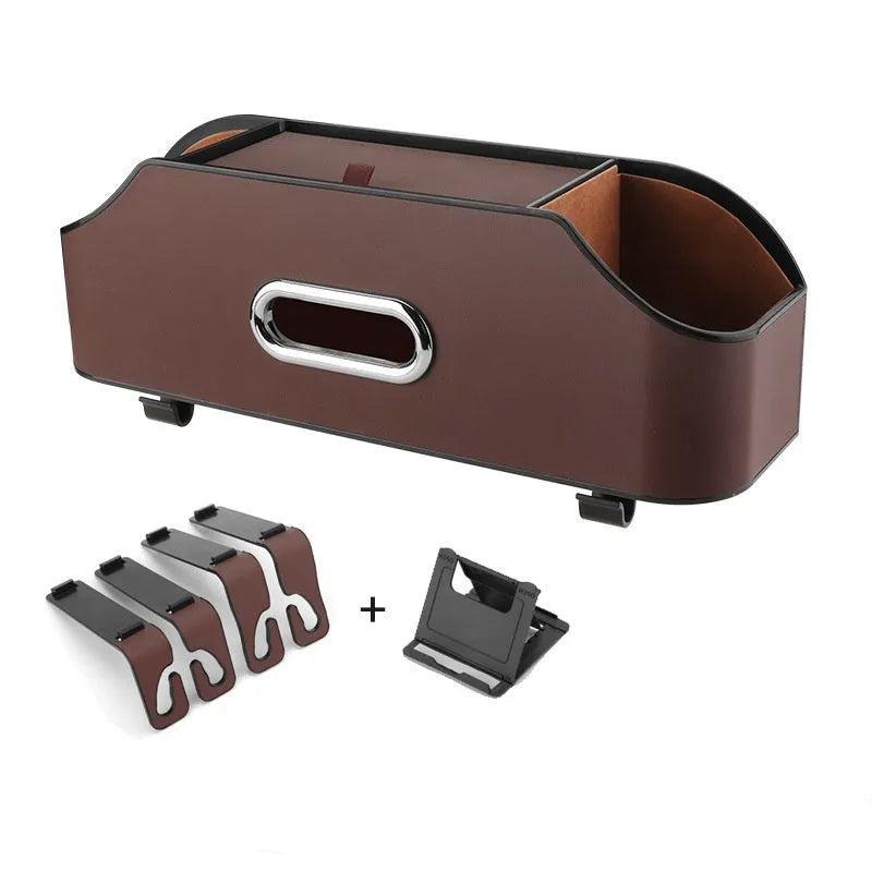 Genuine leather car tissue box with integrated water cup holder in suspended storage configuration
