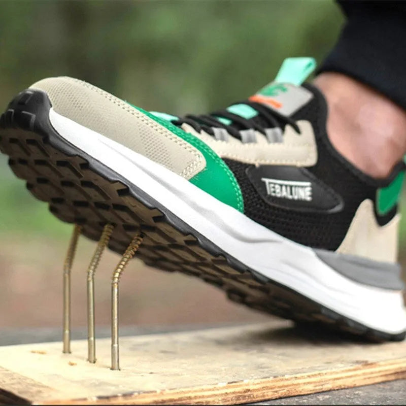 Black green steel toe safety shoes with mesh upper and plastic protective toe cap