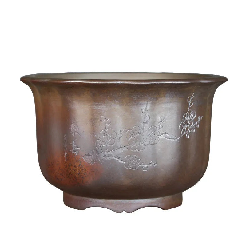 Indoor antique carved wood burning ceramic flowerpot with purple sand material for bonsai display