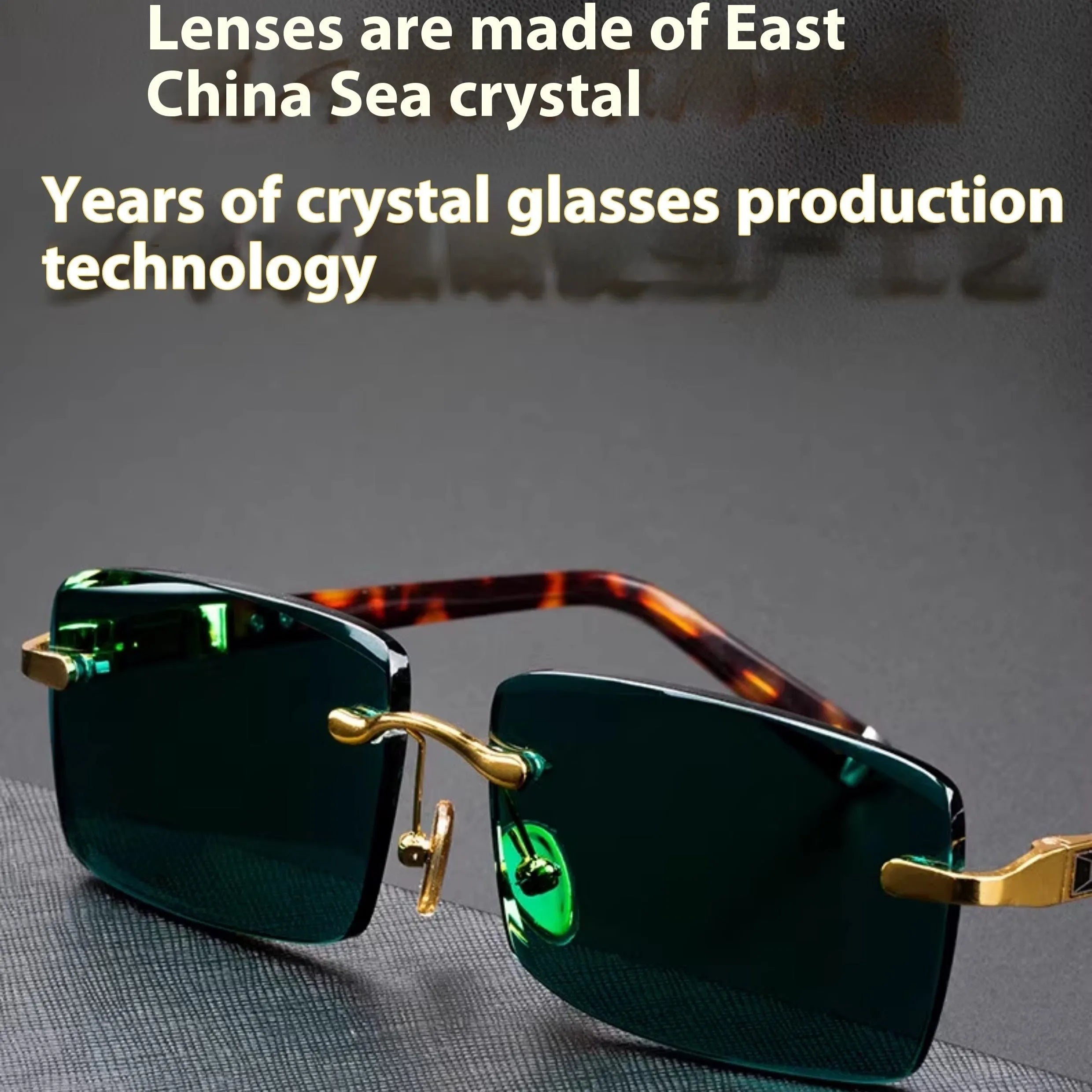 Dark green frameless crystal sunglasses with protective case and cleaning cloth