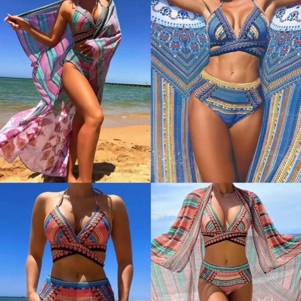Blue women's three-piece bikini set with cross bandage front and high-waist bottoms on a mannequin.