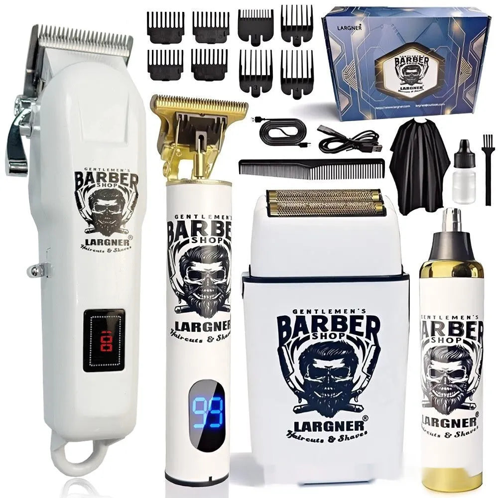 Rechargeable hair clipper with stainless steel cutter head and plastic body, shown with its 4-in-1 attachment combs.