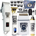Rechargeable hair clipper with stainless steel cutter head and plastic body, shown with its 4-in-1 attachment combs.
