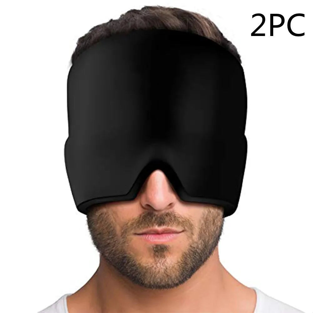 Black elastic cloth gel eye mask for headache relief showing adjustable design