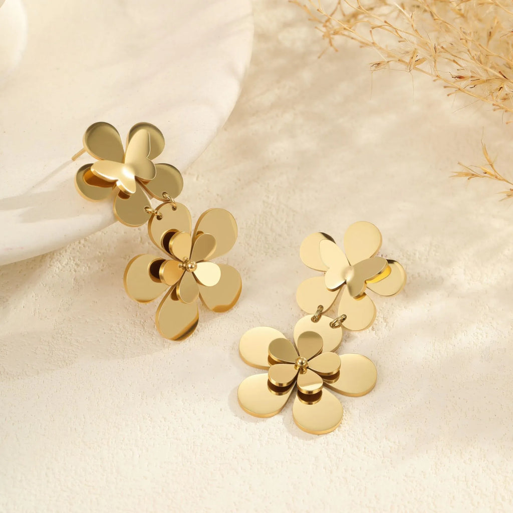 Gold-coloured stainless steel earrings with floral and butterfly design for women