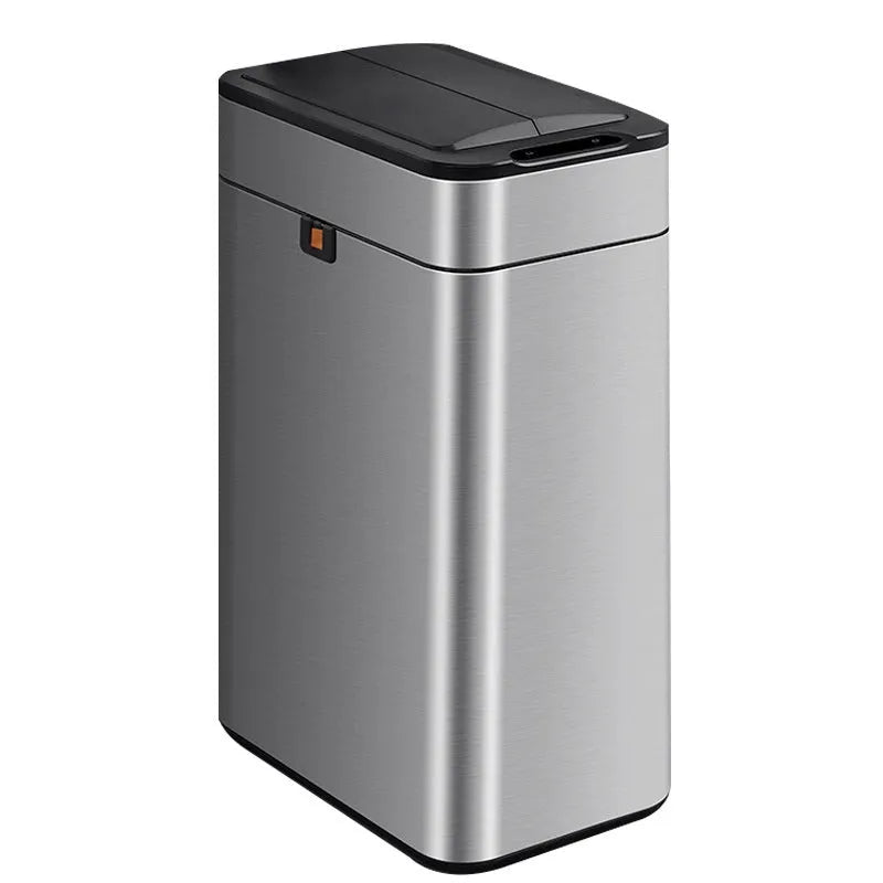 Square stainless steel inductive smart trash can with sensor lid.