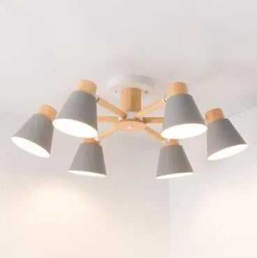 Nordic style Macaron ceiling pendant lamp with multiple light heads in ironwood construction