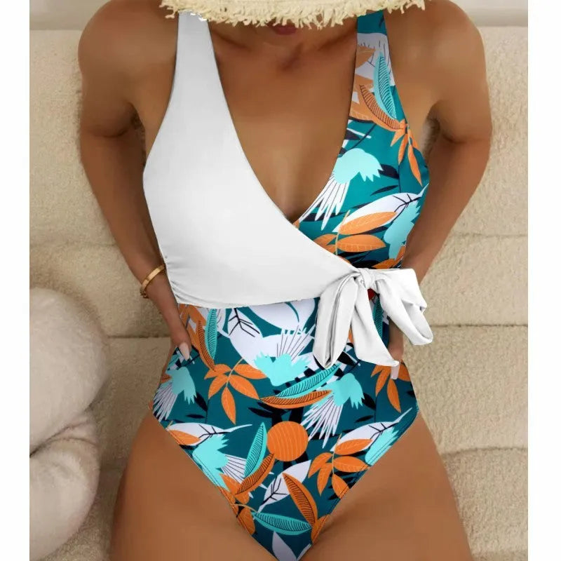 Women's high waist one-piece swimsuit with printed pattern in polyester fabric