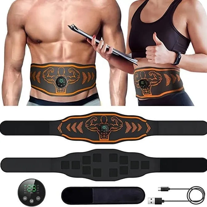 Blue rechargeable EMS smart massage belt with arm stickers and timing function