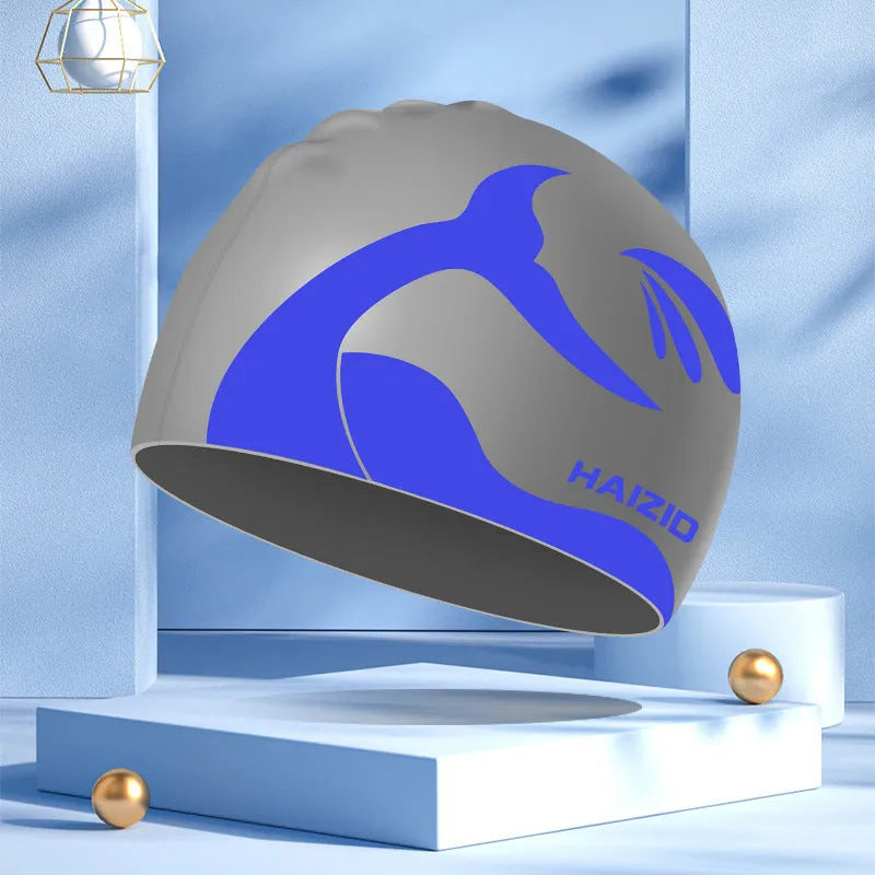 Silicone swim cap with whale tail pattern and waterproof ear protectors in four colour options