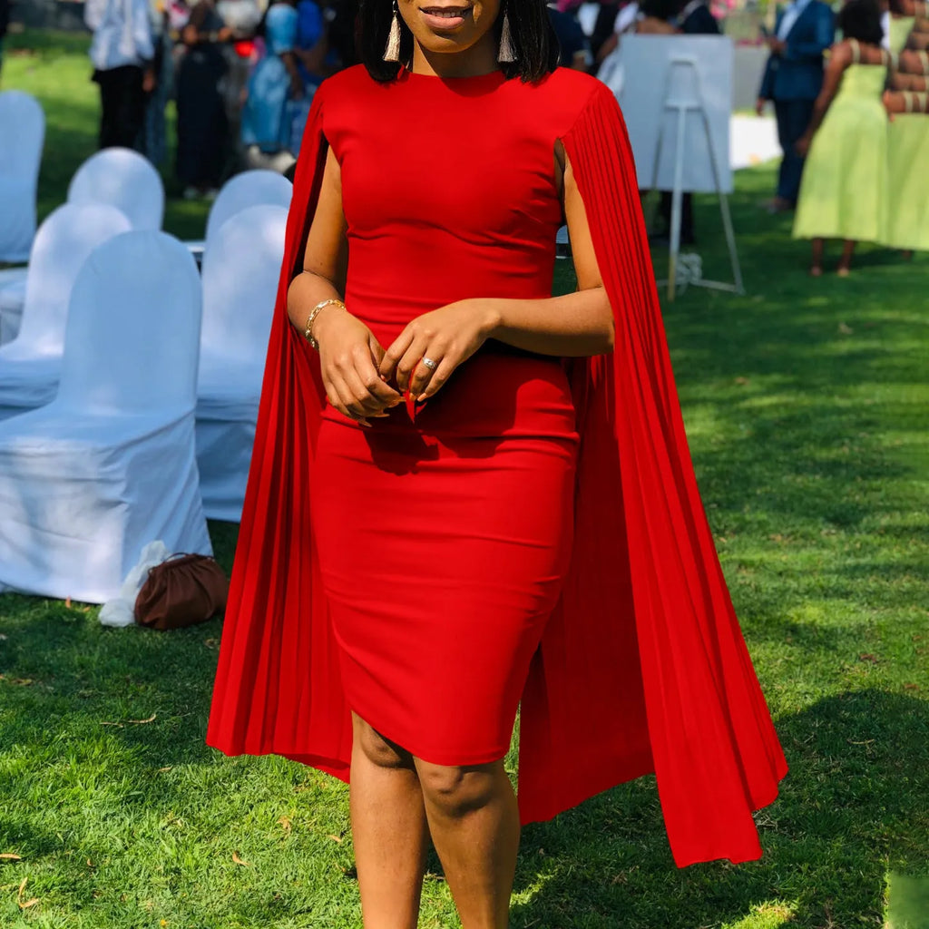 Round neck evening gown with high waist and long sleeves in polyester fabric