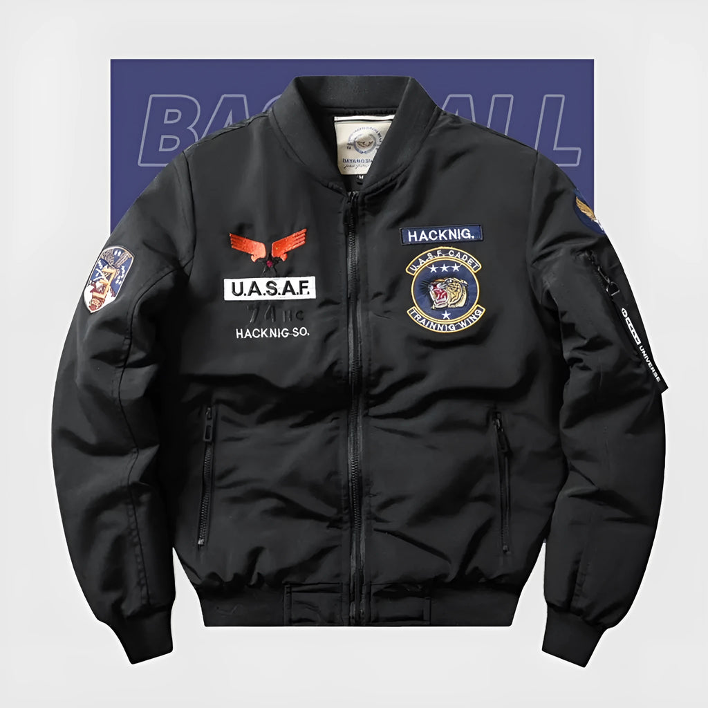 Slim-fit men's motorcycle coat with stand collar and retro embroidery in quilted black fabric.