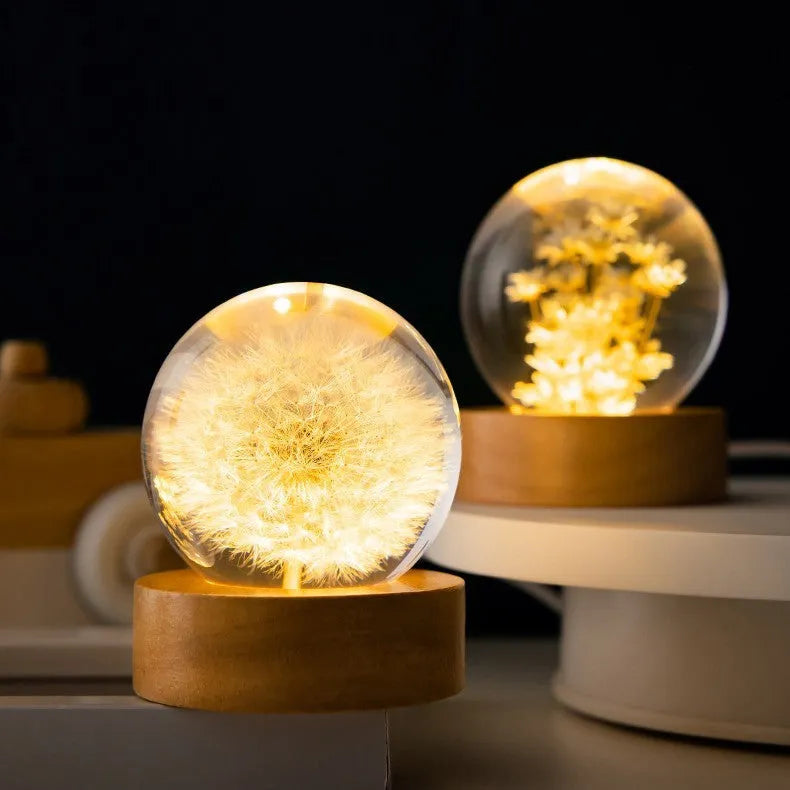 3D dandelion inside crystal ball night light on beech wood stand, USB cable attached