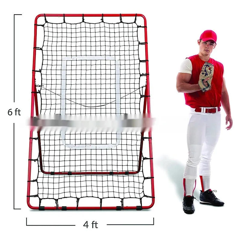 Red baseball training net with metal frame measuring 4x6 feet