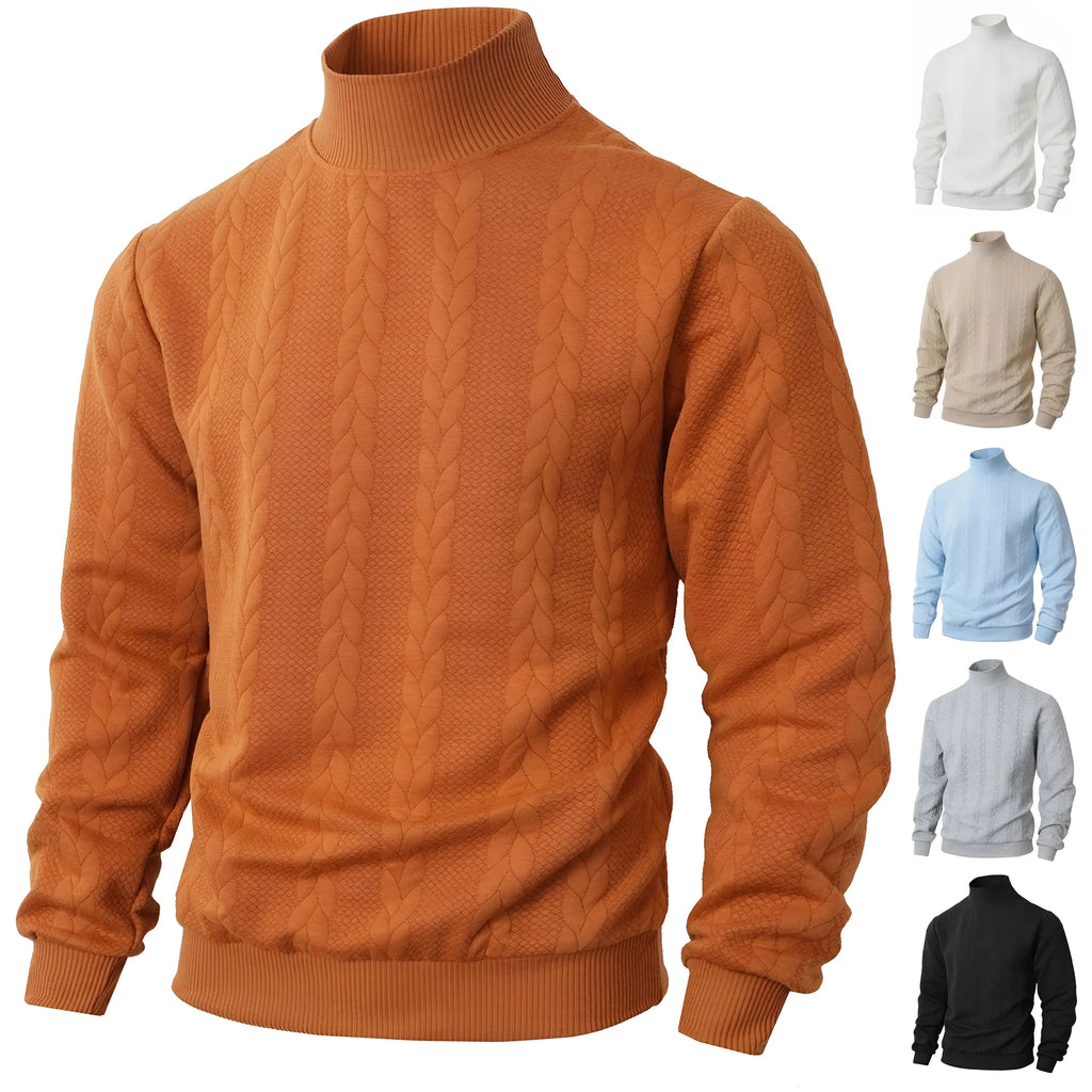 Men's high collar jacquard knitted sweater in solid colour, thickened polyester pullover with long sleeves
