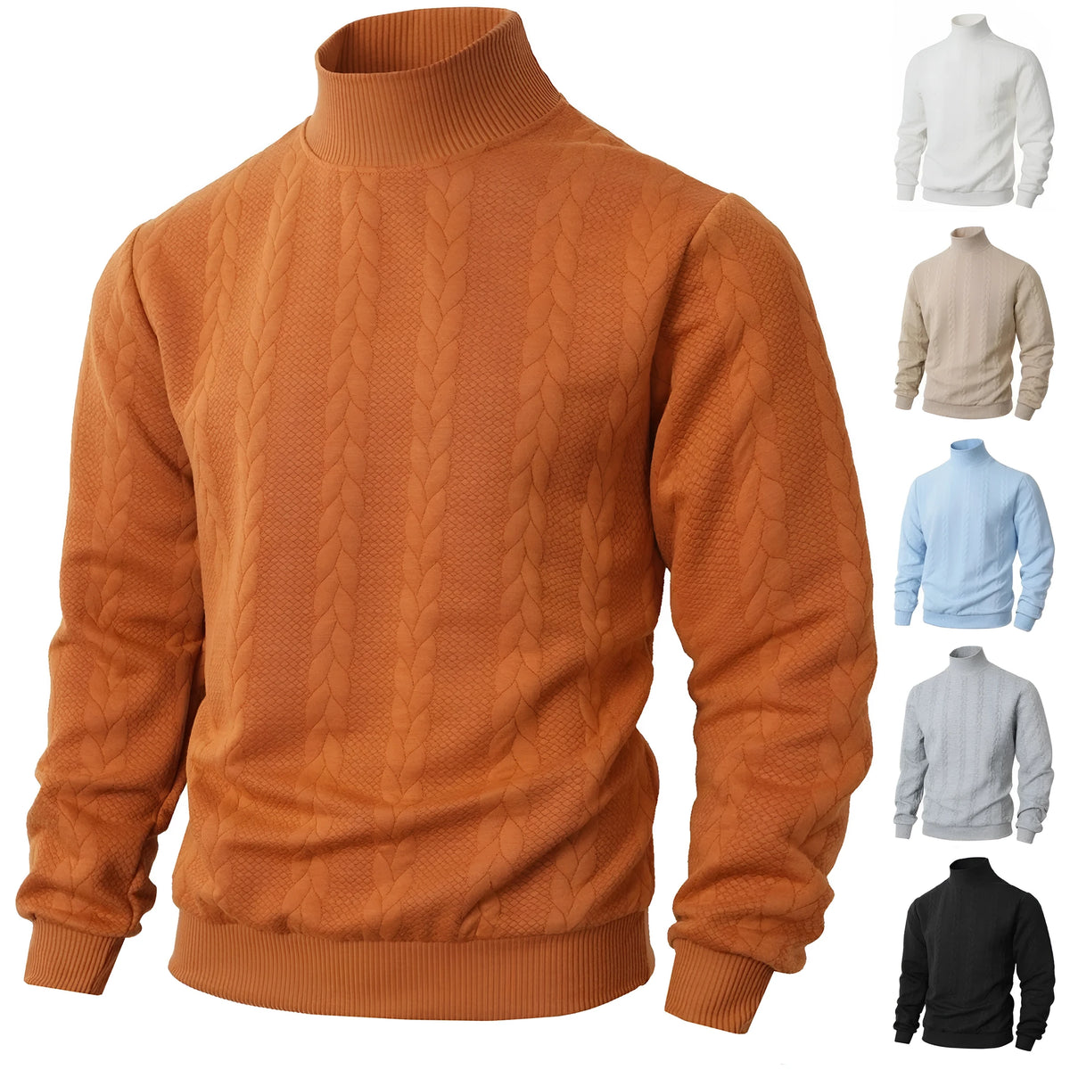 Men's high collar jacquard knitted sweater in solid colour, thickened polyester pullover with long sleeves