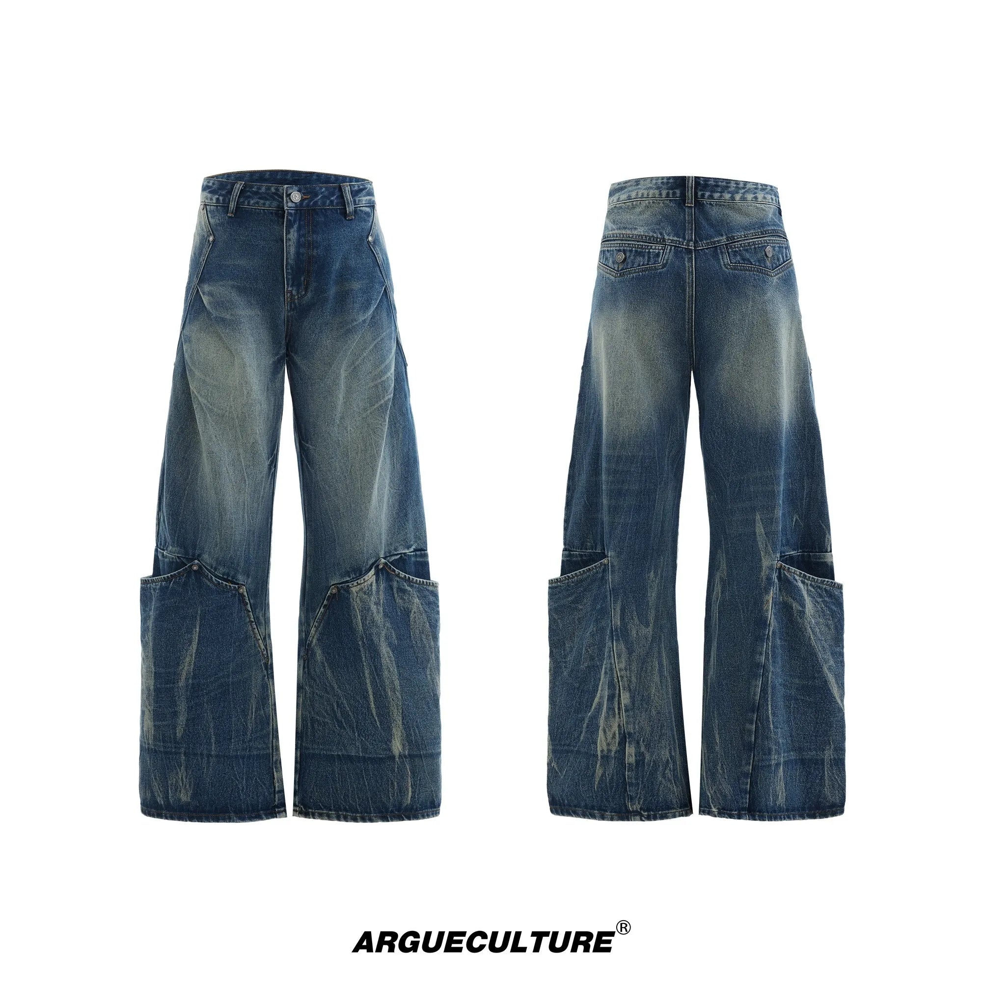 Man wearing verdant blue retro washed burst pattern jeans with a curved knife cut and loose fit.