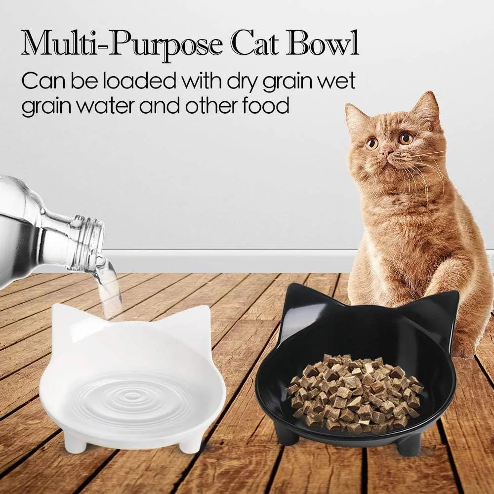 Black shallow melamine cat food bowl with non-slip rubber base on a white background.
