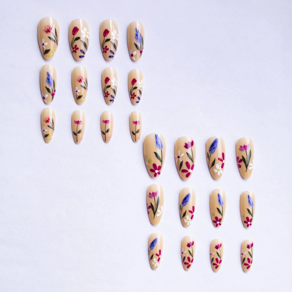 Almond-shaped false nails with rose and tulip floral designs in European and American styles