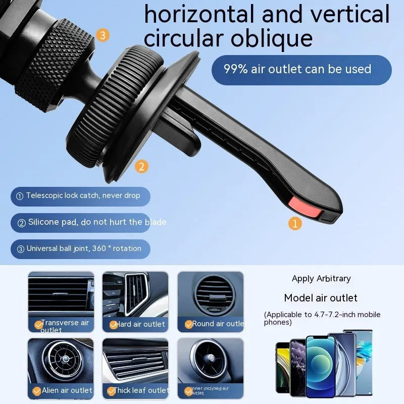 Invisible alloy snap-on mobile phone holder for car air vent in black, silver and grey colours.