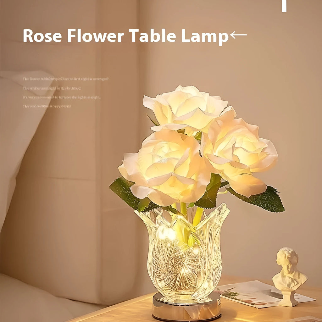 White crystal flowers touch control table lamp with USB charging cable on bedside table