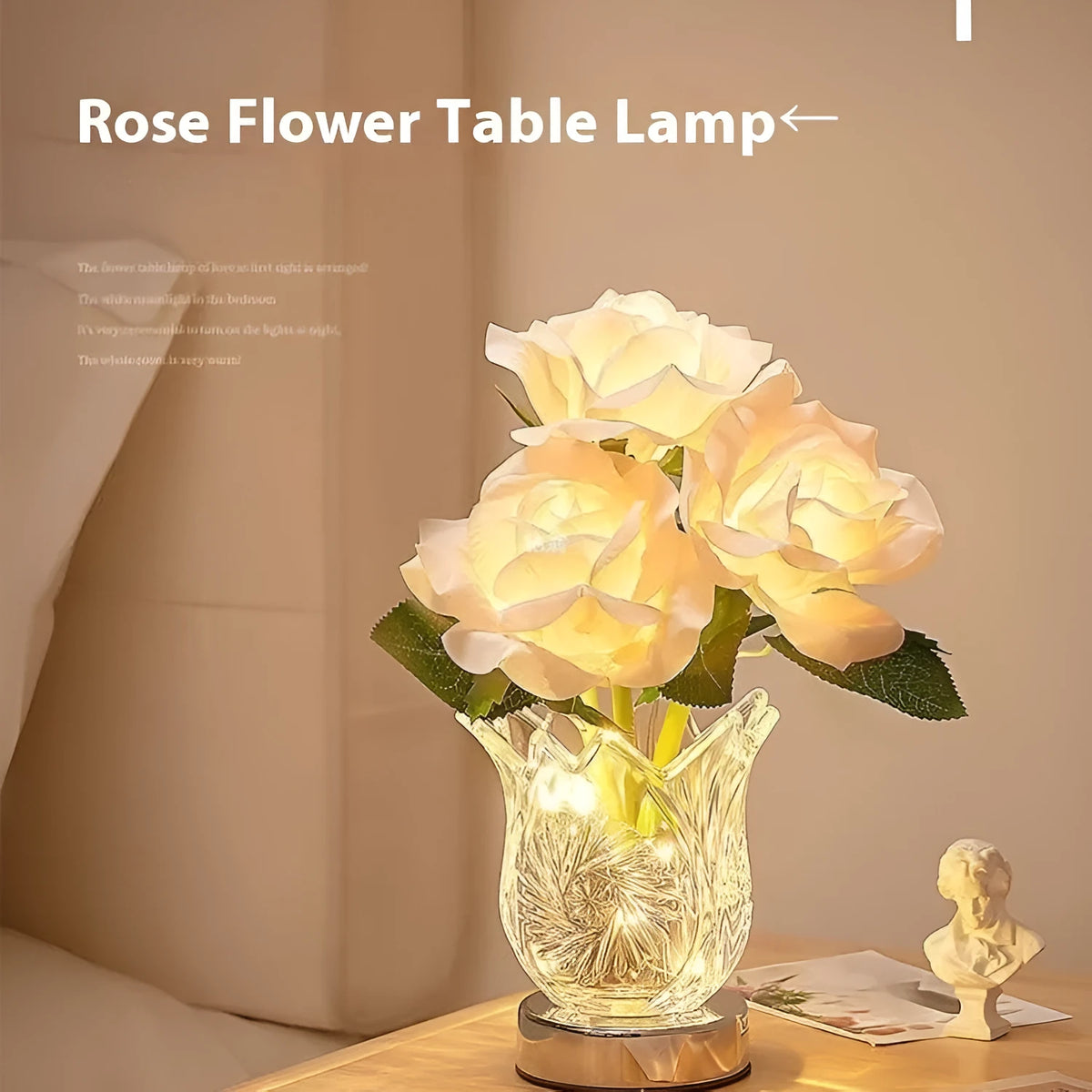 White crystal flowers touch control table lamp with USB charging cable on bedside table