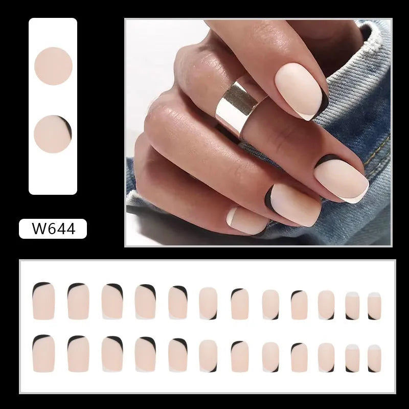 Black and white frosted nail wraps with mandarin duck colour design for French manicure styling