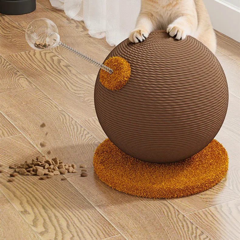 Hemp rope cat scratching post with feeding ball attachment in large and small sizes